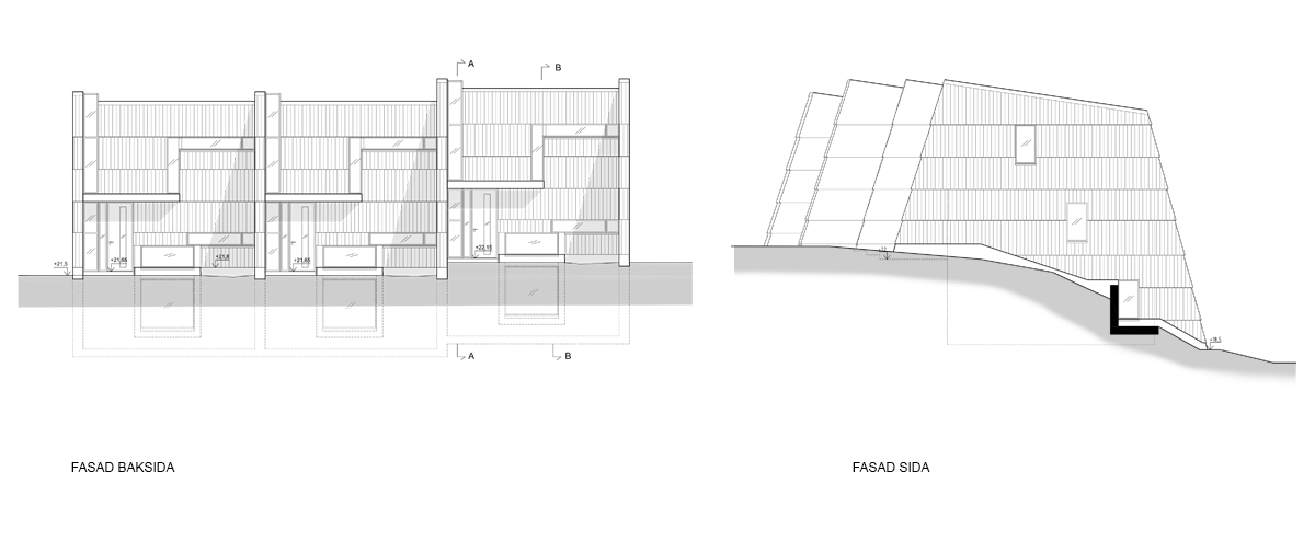 Sektion och fasad på Rets radhus, ritade av arkitekterna på Rex