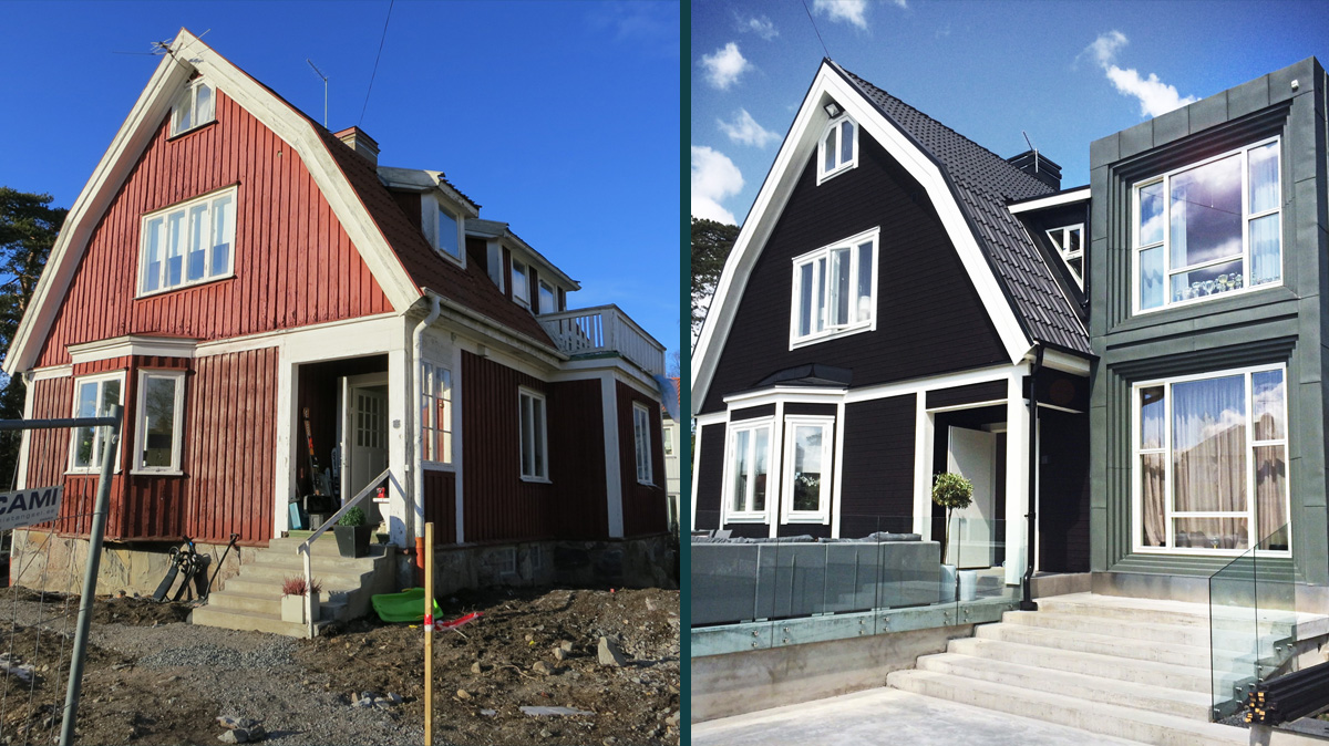 Före och efterbilder på villa Tegelhem där arkitekterna på Rex anlitades för en omfattande om- och tillbyggnad