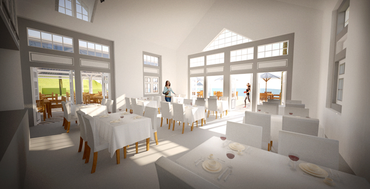 Restaurang. Nytt hotellområde på ön Bequia i Västindien, framtaget av Rex Arkitektbyrå tillsammans med landskapsarkitekt från USA.