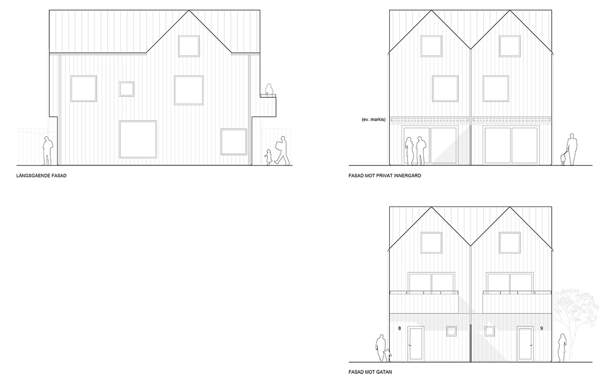 Fasadritning över nytt parhusområde i Stockholm av Rex Arkitektbyrå