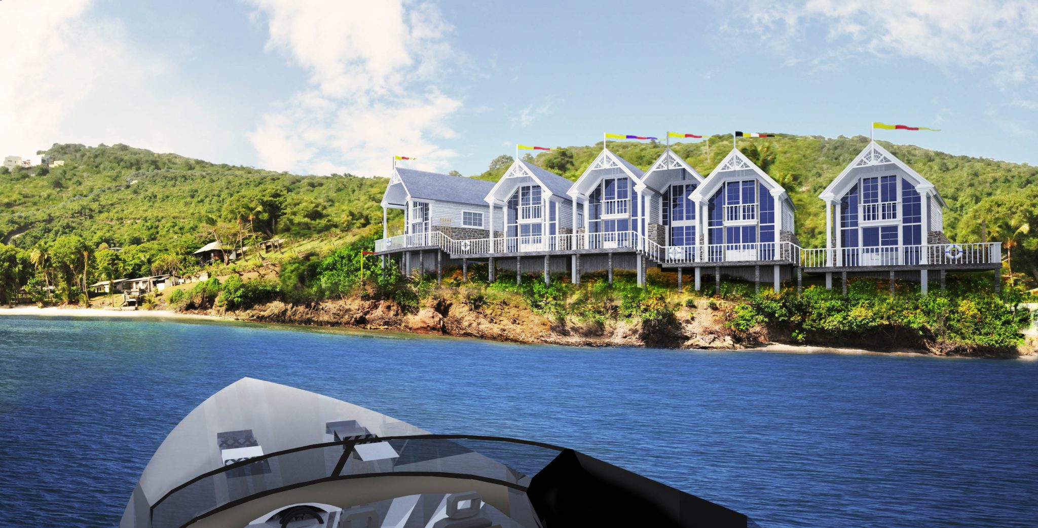 Vy från vattnet. Nytt hotellområde på ön Bequia i Västindien, framtaget av Rex Arkitektbyrå tillsammans med landskapsarkitekt från USA.