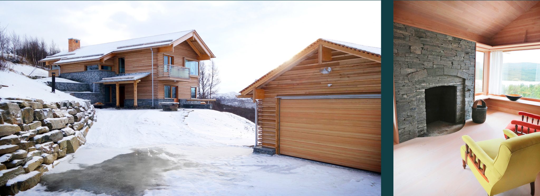 Nybyggnation av fjällvilla av Rex Arkitektbyrå. Vy från infarten och i vardagsrummet