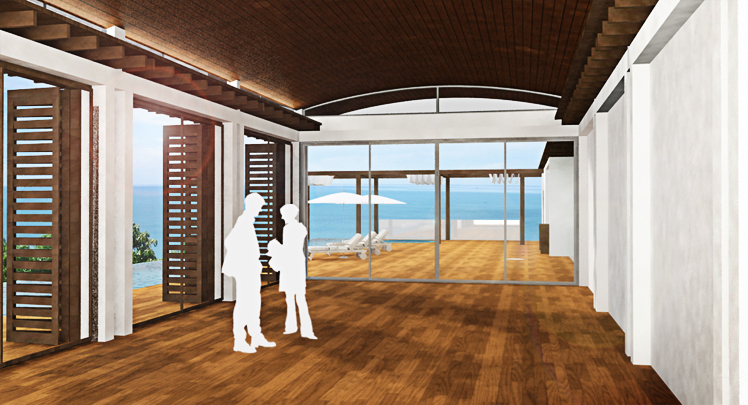 Interiör med utsikt i idéprojektet till en ny resort-anläggning i Thailand, av Rex Arkitektbyrå.