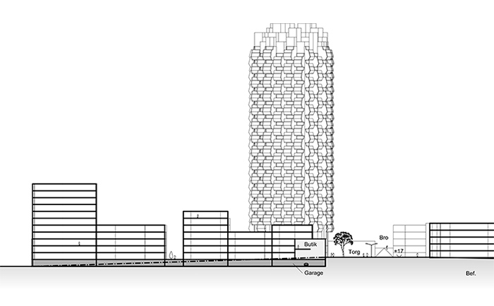 Ritningar på ett skissprojekt inför detaljplan, ritat av Rex Arkitektbyrå